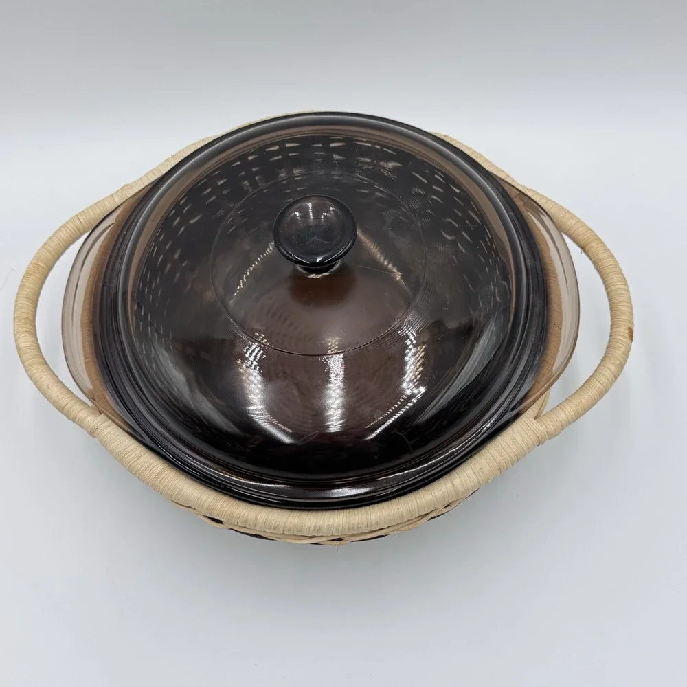 VTG RARE Pyrex 023-N Amber Round 1.5 qt Casserole Baking Dish Lid & Basket 623CB